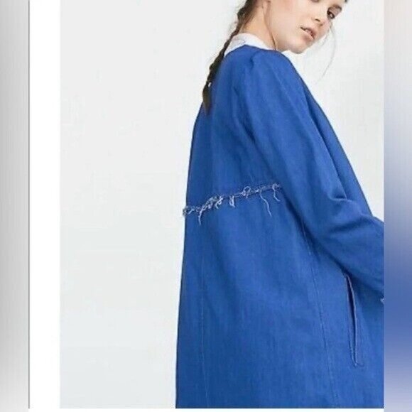 NWT Zara Blue Denim Long Collarless Coat Raw - Picture 3 of 4